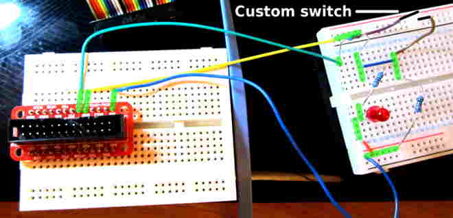 Raspberry Pi with cobbler running the circuit from MagPi Issue 2, cobbler unconnected