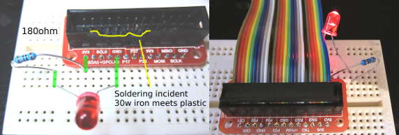 Raspberry Pi with cobbler running single LED with 180ohm resistor connected and unconnected