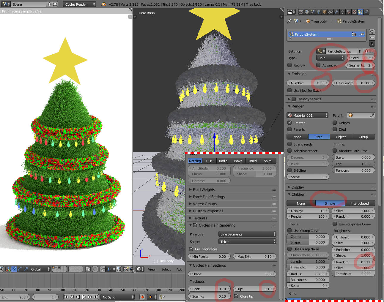 Blender 3D software screenshot showing hair system for furry pine tree