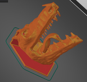screenshot from prusa slicer of dragon head dice holder sliced