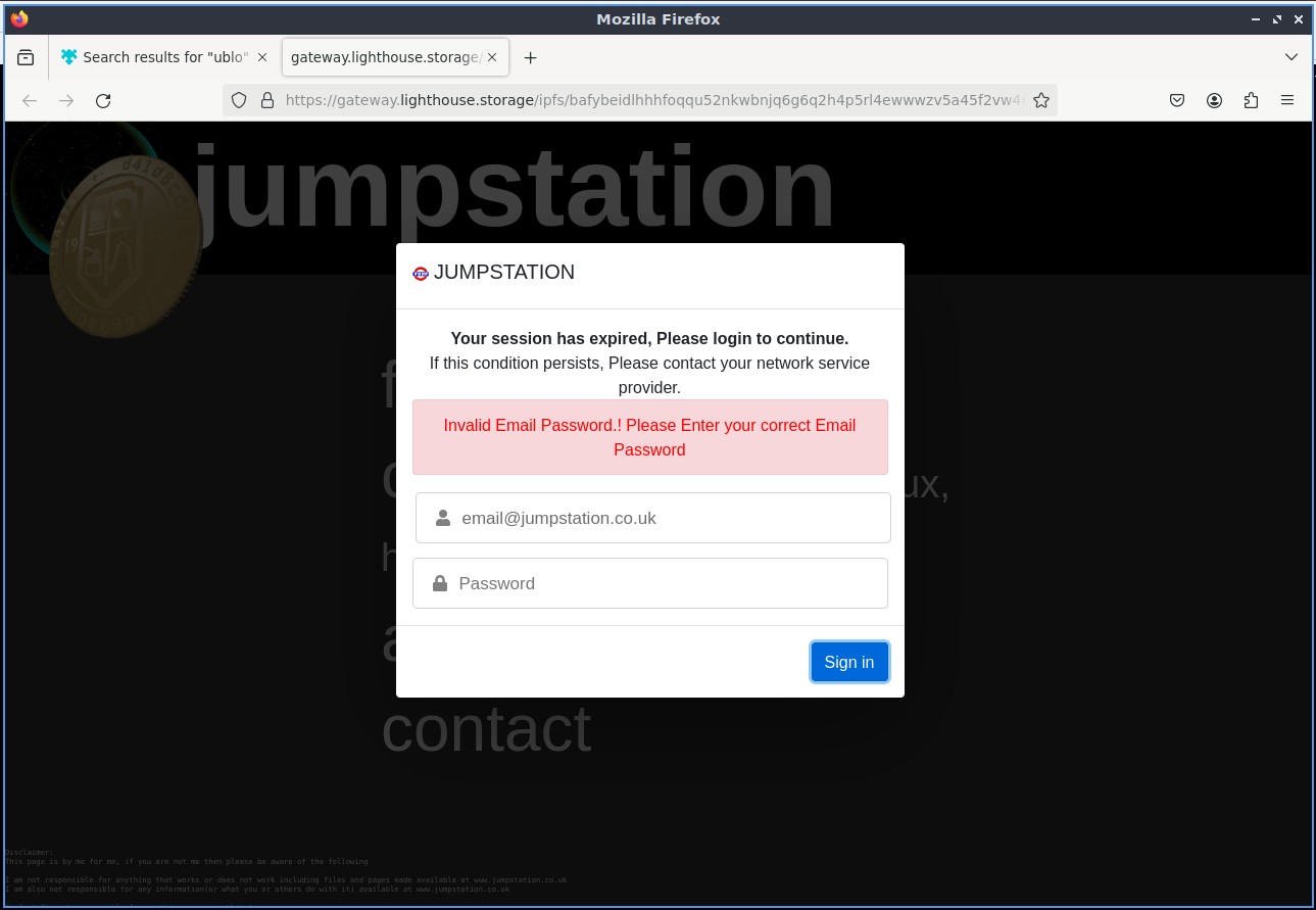 Screen shot of jumpstation domain in scam iframe
