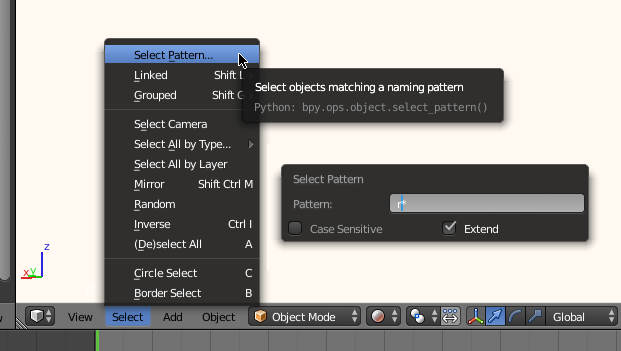 screen-shot of the blender application with the select pattern menu and dialog