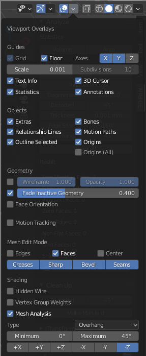 Screen capture Blender mesh analysis for 3D printing