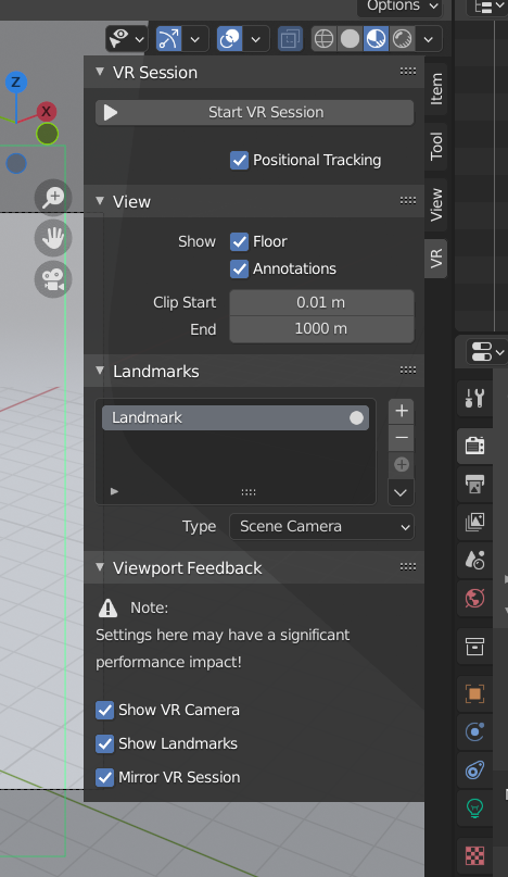 screen capture of blender properties panel with vr scene inspector