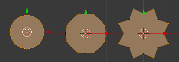 set of blender screenshots showing how my python script created a nice Sun shape from a circle
