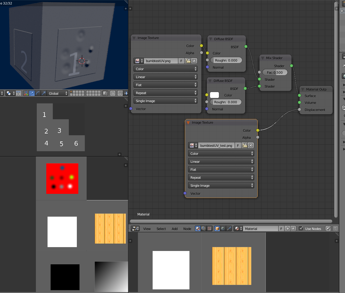 screen shot of 3d software blender showing a displacement via image node on a textured cube