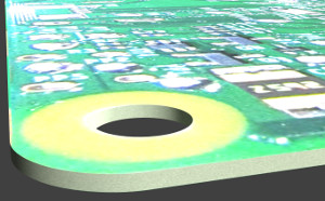 rendering of modelled raspberry pi circuit board extreme close up show fixing holes