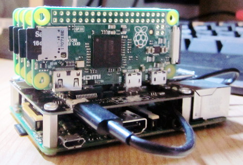 Cluster Hat V2 assembled showing the 5 SD cards connected