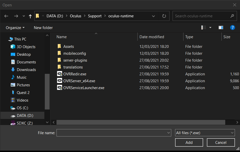 screen capture file browser Oculus OVR server