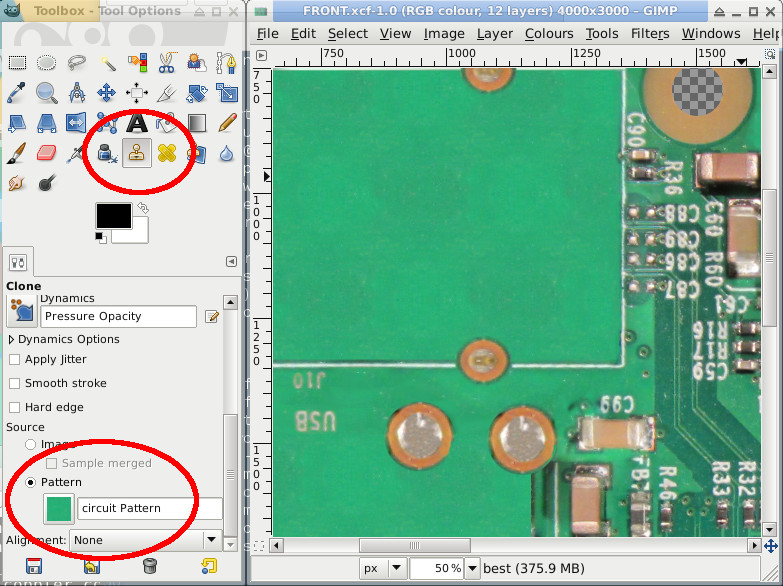 GIMP screen shot showing clone tool and pattern selection