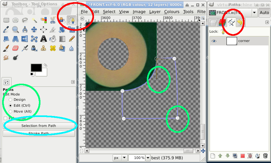 GIMP screen shot showing path and path to selection