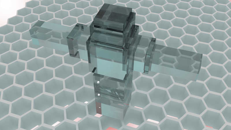 Blender render of a glass figure on a hexagon base