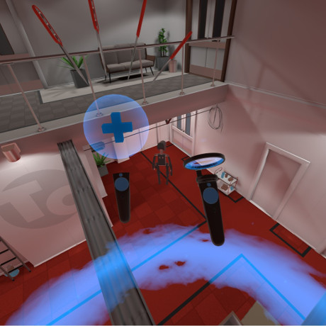 Screenshot from Budget Cuts demo featuring player standing on beam above robot with knives drawn