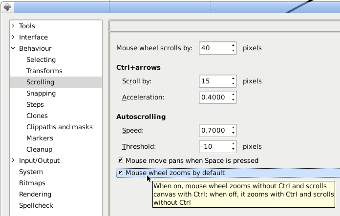 Inkscape mouse wheel scrolling preferences