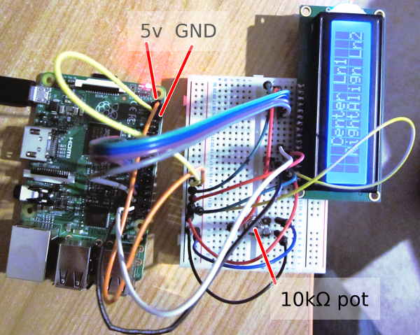 16x2 LCD attached to bread board attached to Raspberry Pi 2 Model B