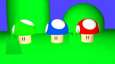 3D rendered Mario mushrooms, green, blue and red in a green scene with grass tufts and mountains