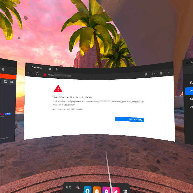 Cert error shown in VR on Oculus Quest 2