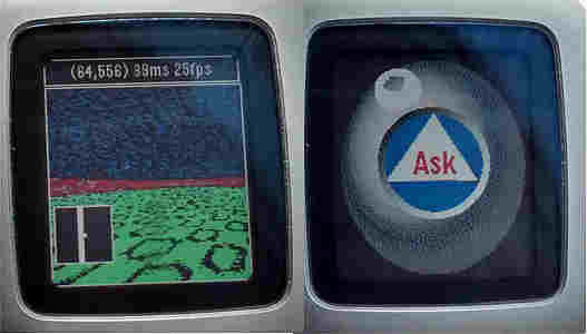 pebble time watch showing two watch apps, 3D arena and Magic 8 Ball(JS Beta)