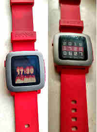 pebble time watch showing two watch faces, fire and enigma