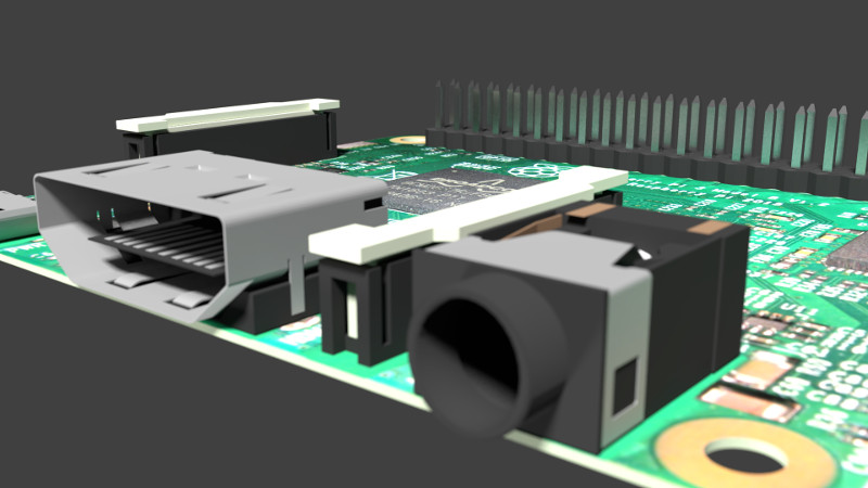 rendering of raspberry pi circuit board highlighting the Audio and HDMI connectors