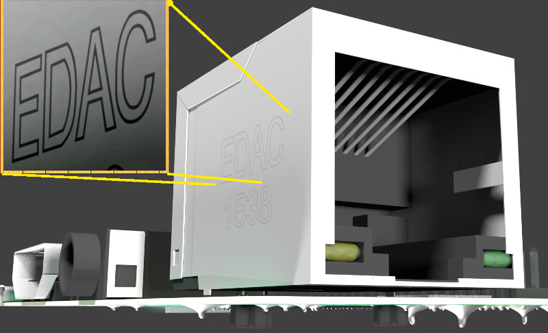 rendering of raspberry pi circuit board highlighting the ethernet connector and its logo