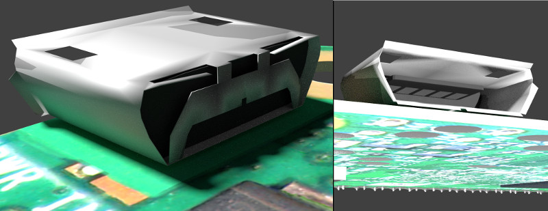rendering of raspberry pi circuit board highlighting the USB power connector x2