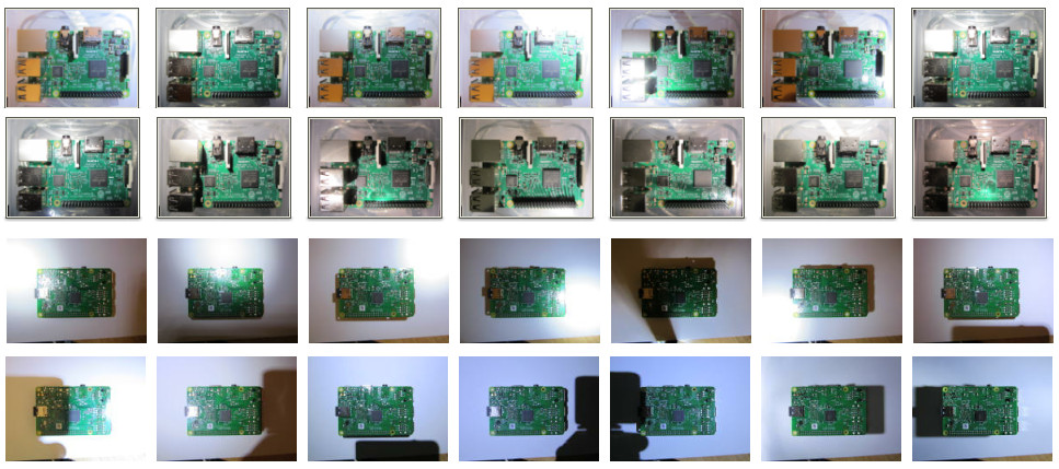 Collection of thumbnails taken of the Raspberry Pi with different light sources