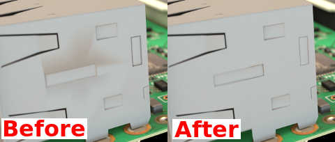 Two renders comparing the ethernet ports with and without vertex manipulation