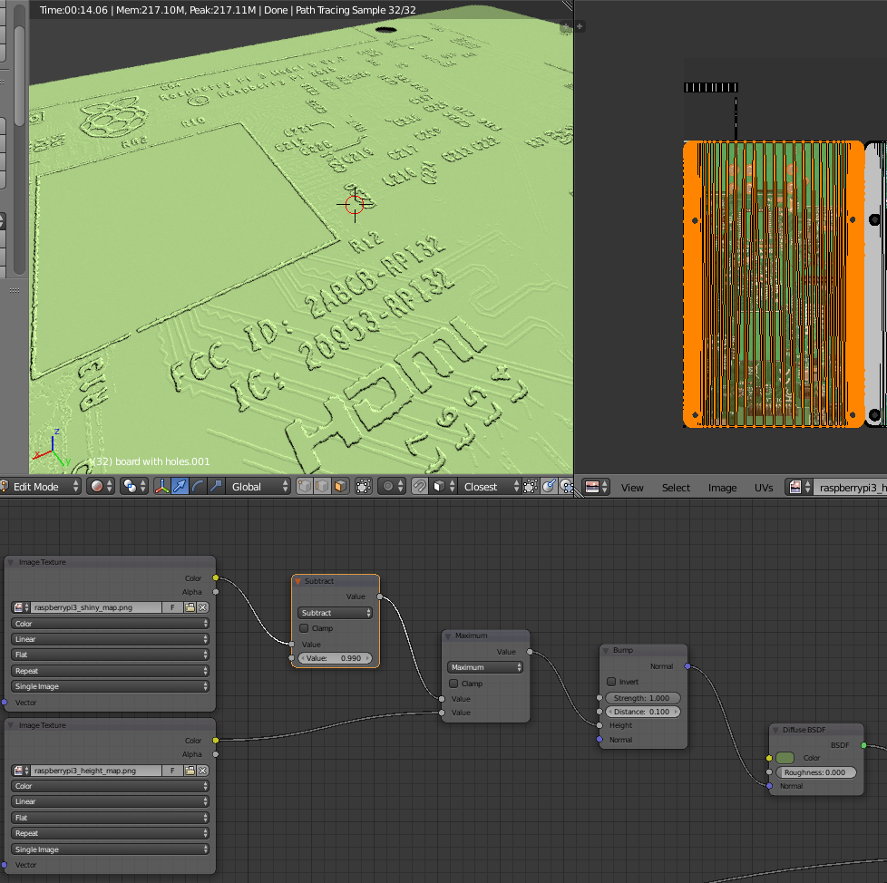 blender screen shot showing combined height maps on a raspberry pi balanced with maximum limit