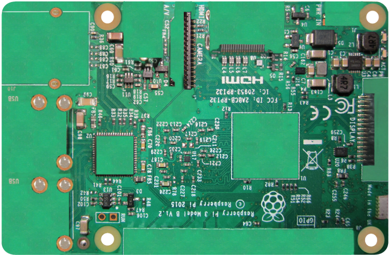 Raspberry Pi model 3 top side all large components masked and removed