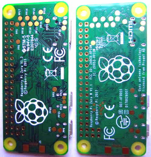 pi zero v1.3 next to a pi zero W, bottom view