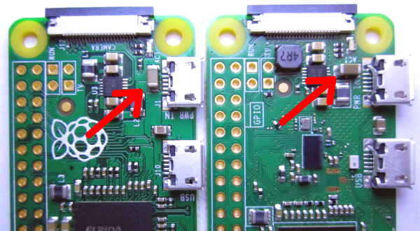 pi zero v1.3 next to a pi zero W, top view with arrows