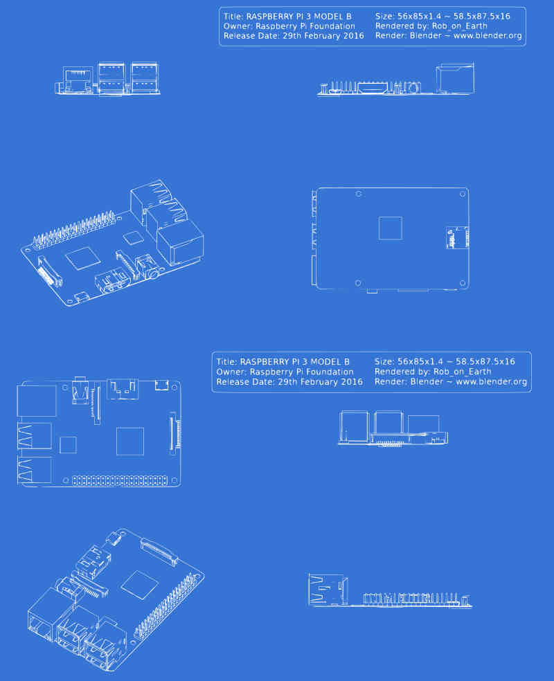 blueprints for raspberry pi 3 model b rendered in blender