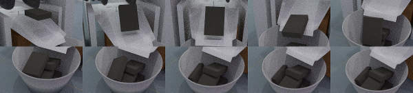 Montage of 10 frames of proxy block objects falling into a bin of Raspberry pis