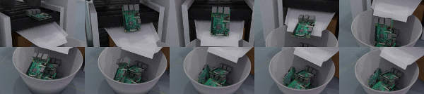 Montage of 10 frames of a Raspberry pi 3d model falling into a bin of Raspberry pis