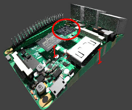 blender render of raspberry pi model bent by lattice modifier with some obvious modelling issues highlighted