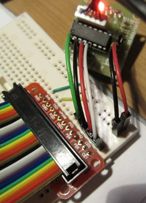 28BYJ-48 28BYJ48 DC 5V 4-Phase 5-Wire Stepper Motor with ULN2003 Driver Board wired up to a Raspberry Pi via a cobbler breakout board close up of wiring