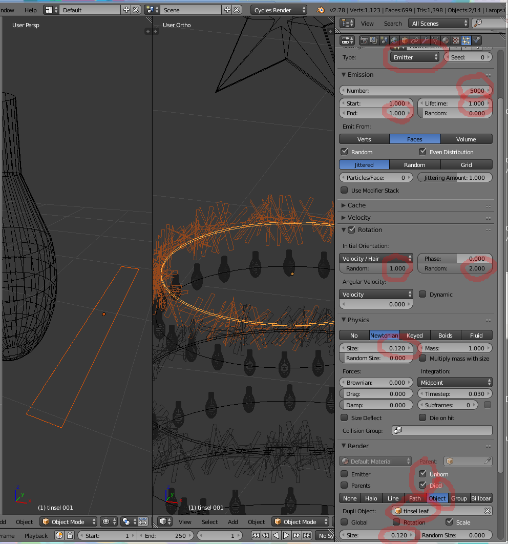Blender 3D software screenshot showing emitter system generating a ring of tinsel