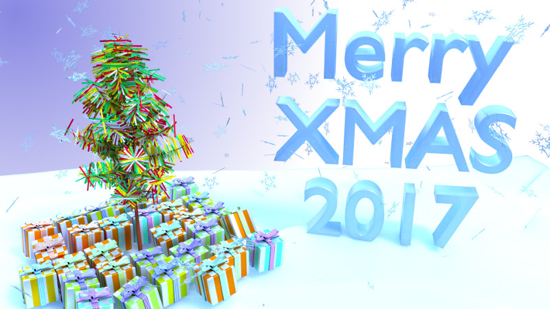 3D render of an Christmas tree in the snow with presents and snow flakes